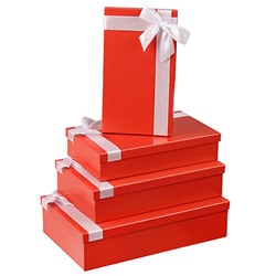 Набор прямоугольных коробок"Однотонные красные с лентой (бел.)"4в1(30*20*8-24*14*5см) КОР-4577