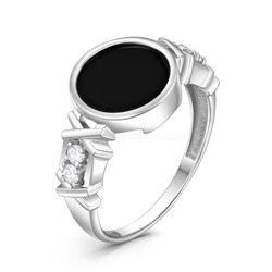 Кольцо из серебра с чёрным агатом и фианитами родированное К-4139-Р