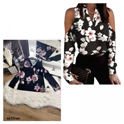 Блузка Size Plus с открытыми плечами цветочки черная K53