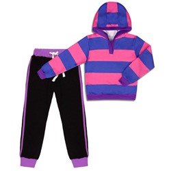 Спортивный комплект для девочки с полосатым джемпером и черными брюками с фиолетовой полосой