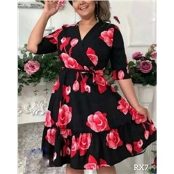 Платье итальянка Size Plus в красные цветы черное RX