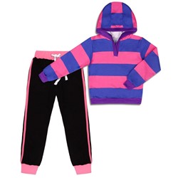 Спортивный комплект для девочки с полосатым джемпером и черными брюками с розовой полосой